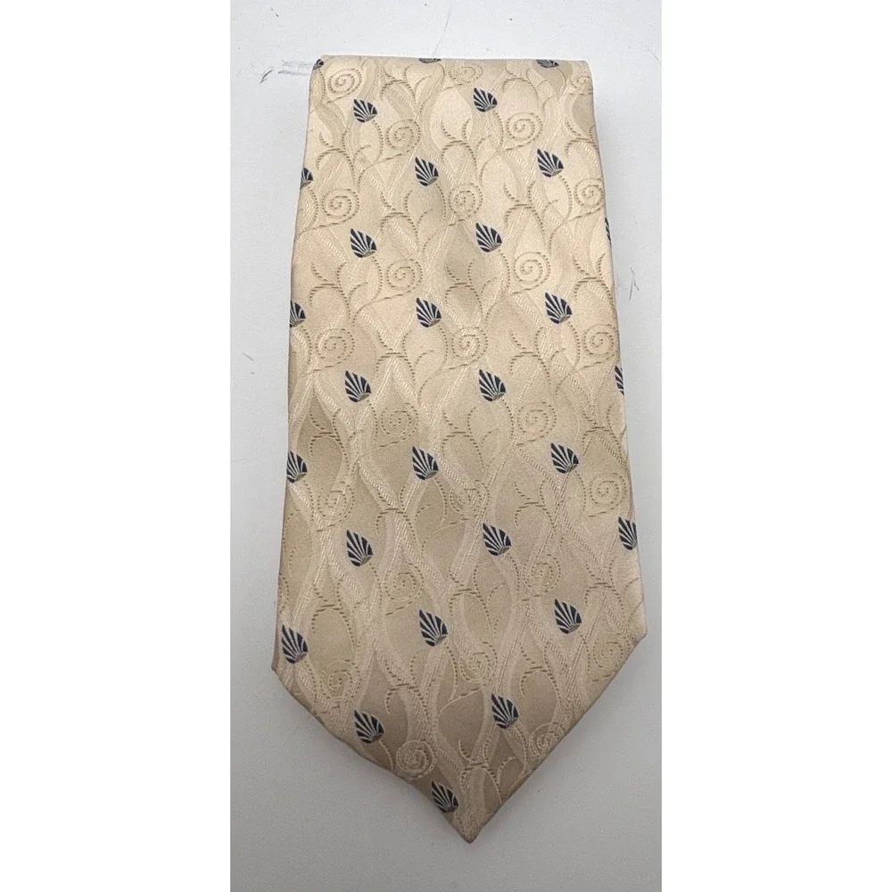 Bill Blass Men's 100% Silk Necktie Ivory Cream Blue Floral Geometric Made USA